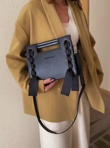 String & Ring Decor Satchel Bag - Black - View 1