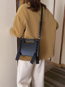 String & Ring Decor Satchel Bag - Black - View 2