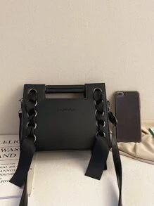 String & Ring Decor Satchel Bag - Black - View 5