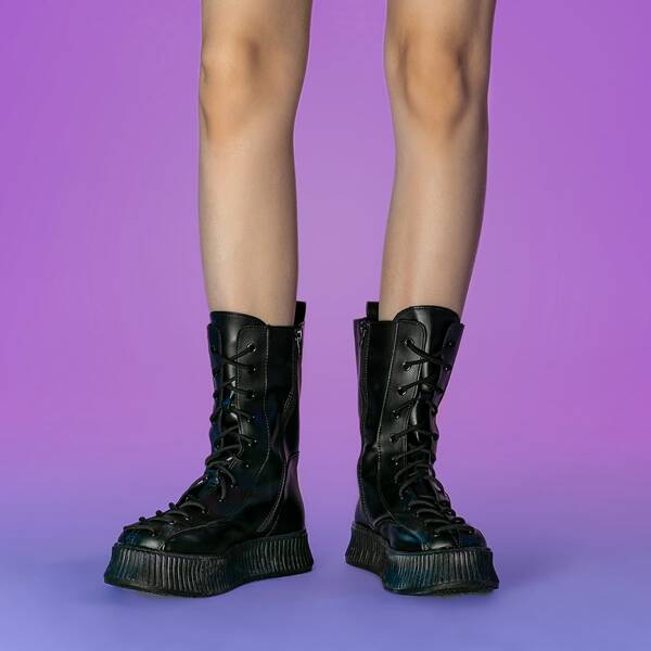 

Lace-up Front Zip Platform Boots, Black