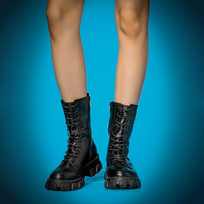 

Lace-up Side Zip Platform Boots, Black