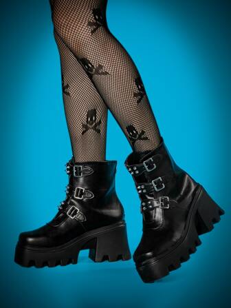 Studded & Buckle Detail Platform Combat Boots