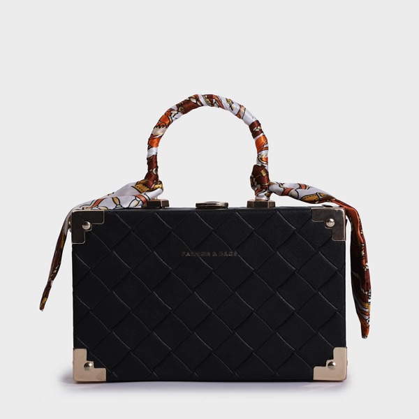 

Metallic Angle & Scarf Decor Box Bag, Black