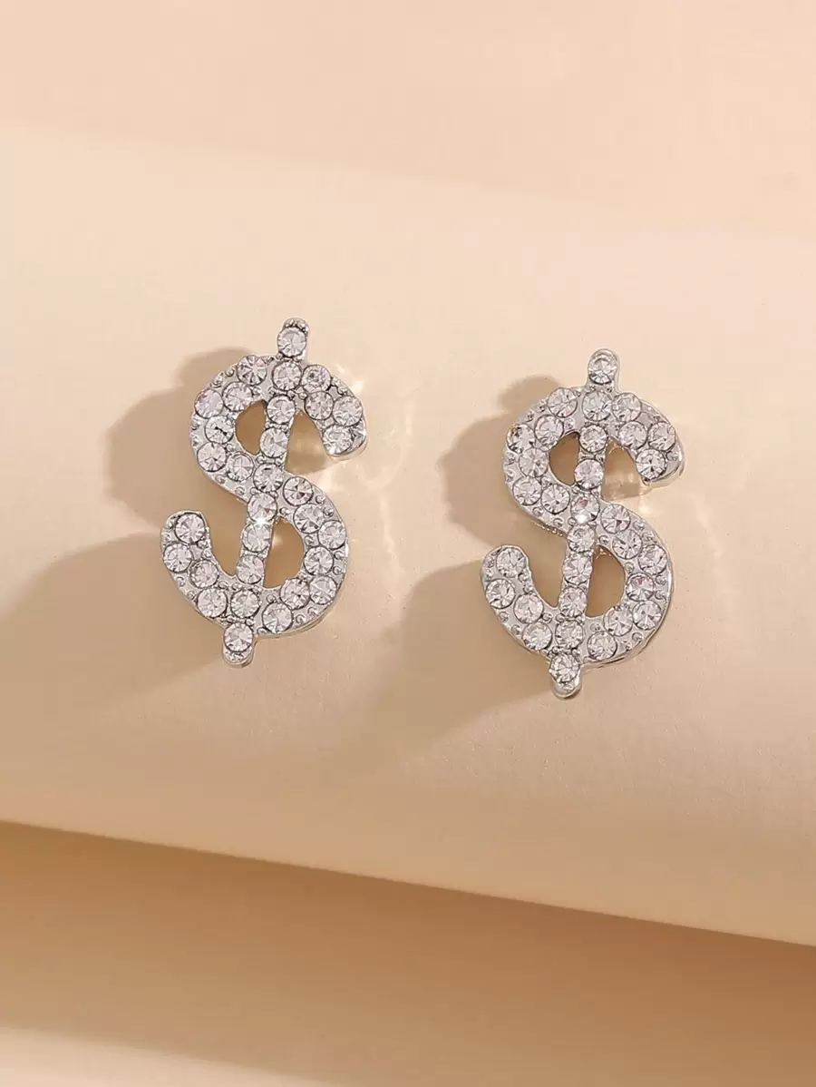 Rhinestone Dollar Stud Earrings - Silver - View 1