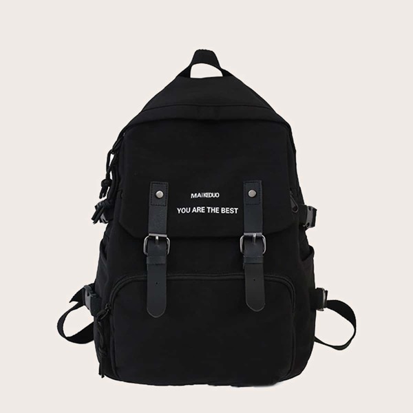 

Letter Graphic Buckle Decor Functional Backpack, Black
