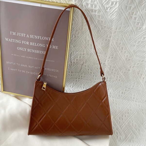 

Quilted Baguette Bag, Brown