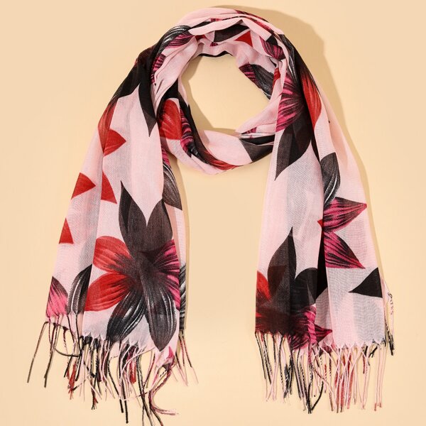 

Fringe Hem Flower Print Scarf, Multicolor