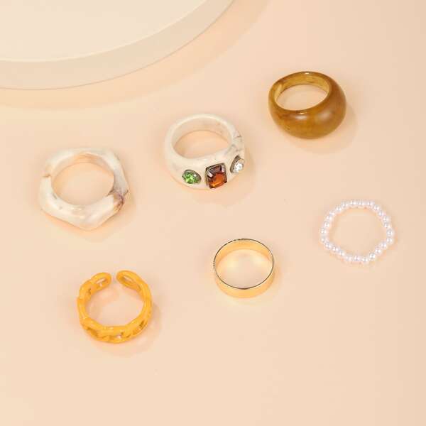 

6pcs Rhinestone Detail Ring, Multicolor