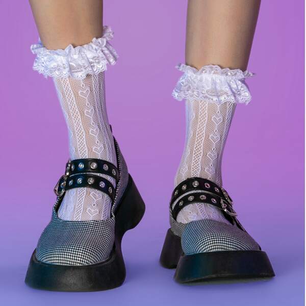 

Plaid Pattern Buckle Decor Flatform Shoes, Black and white