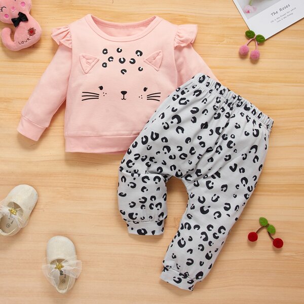 

Baby Cartoon Graphic Ruffle Trim Sweatshirt & Sweatpants, Multicolor
