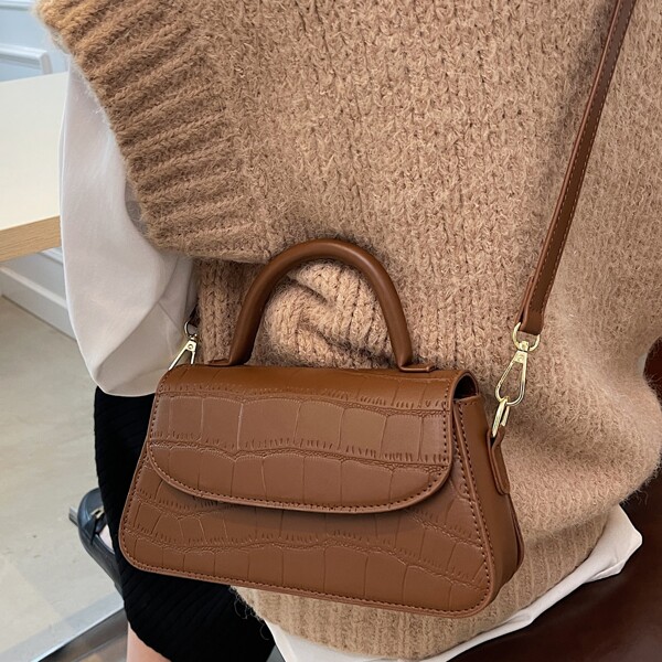 

Stone Embossed Flap Satchel Bag, Brown