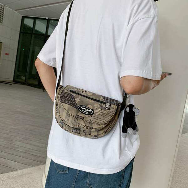 

Men Letter Graphic Flap Crossbody Bag, Khaki