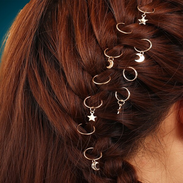 

10pcs Moon & Star Decor Hair Ring, Gold