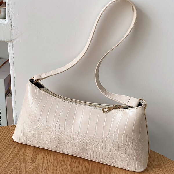 

Croc Embossed Baguette Bag, White