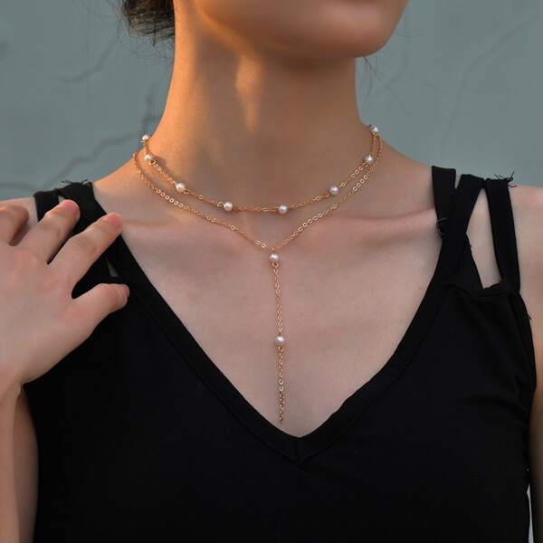 

Faux Pearl Decor Layered Necklace, Gold
