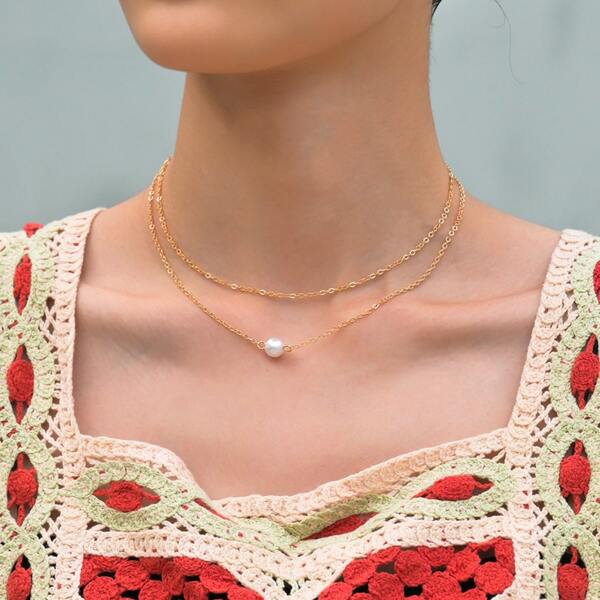 

Faux Pearl Decor Layered Necklace, Gold