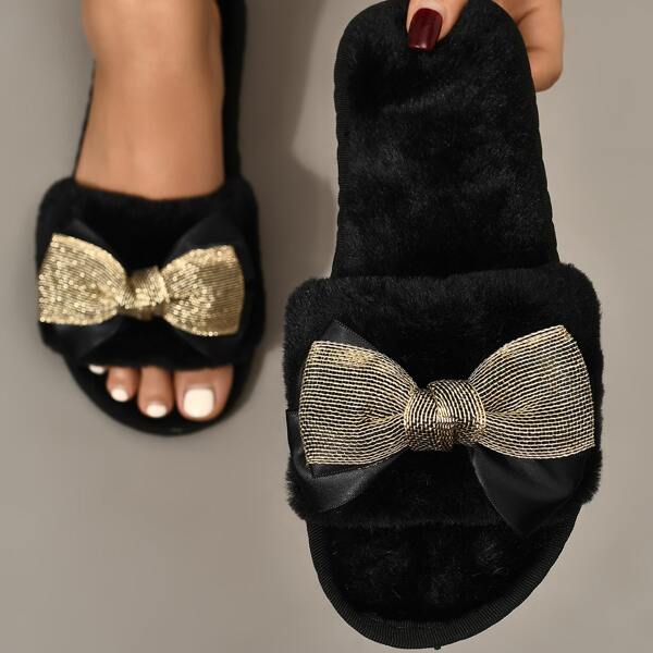 

Bow Decor Fluffy Home Slippers, Black