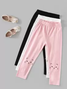 SHEIN 少女3入組貓印花打底褲 - 彩色 - 查看 1