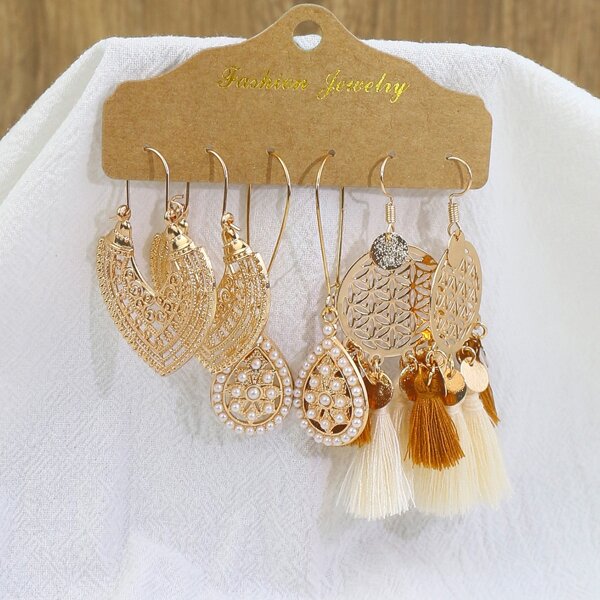 

3pairs Tassel Decor Hollow Out Earrings, Gold