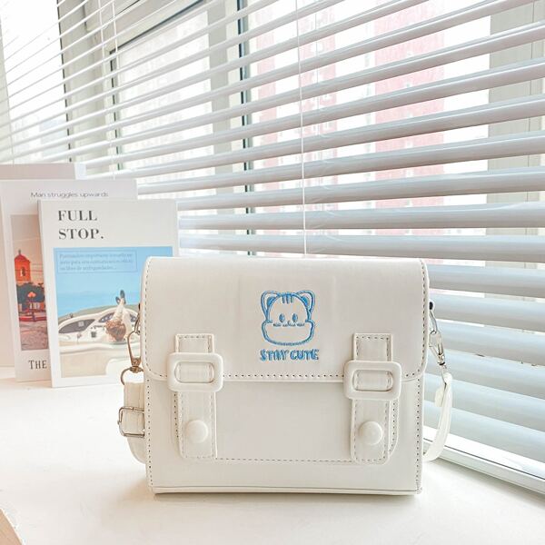 

Cartoon Embroidery Design Buckle Design Crossbody Bag, White