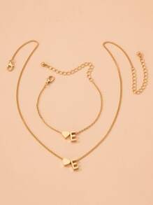 Letter & Heart Decor Necklace & Bracelet - Yellow Gold - View 2