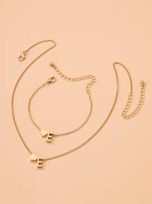 Letter & Heart Decor Necklace & Bracelet - Yellow Gold - View 3