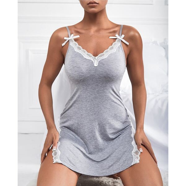 

Lace Trim Split Hem Slips With Thong, Light grey