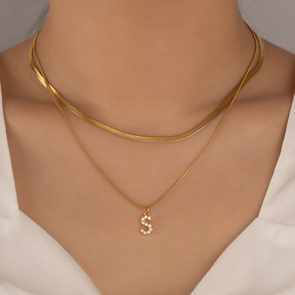 

Rhinestone Letter Charm Layered Necklace, Gold