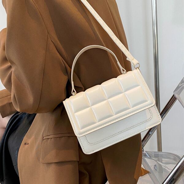 Minimalist Textured Flap Satchel Bag, Beige