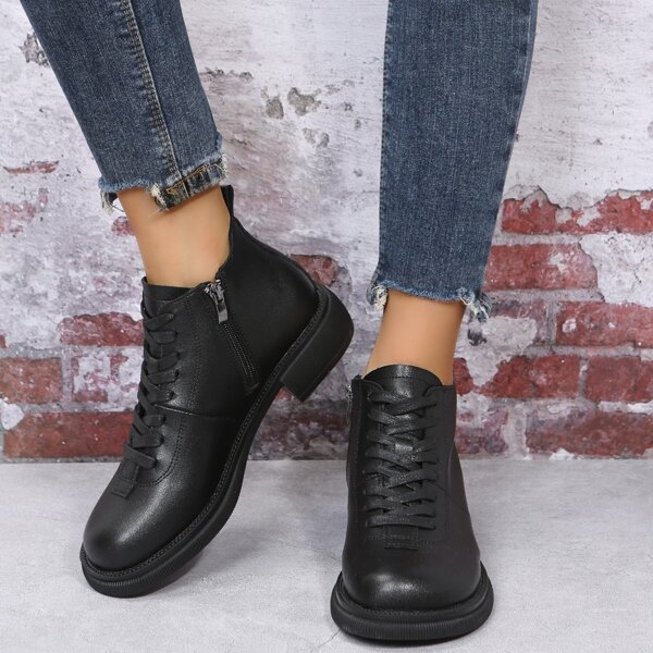 

Side Zip Lace-up Front Chunky Heeled Booties, Black