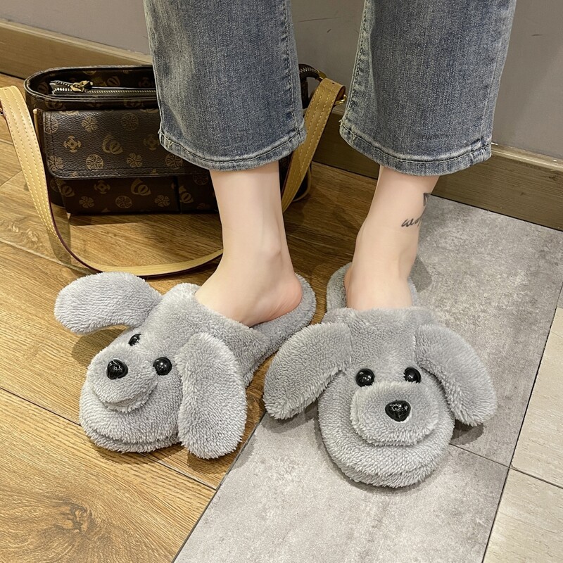 

Dog Graphic Fluffy Slippers, Grey