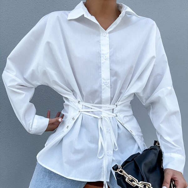 

Grommet Lace Up Corset Batwing Sleeve Blouse, White