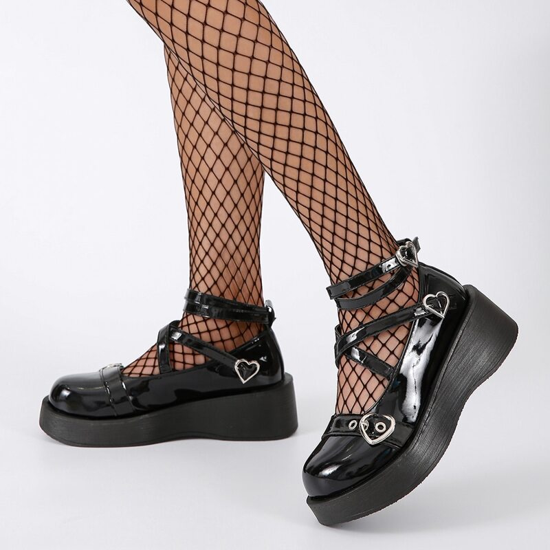 

Heart Buckle Platform Mary Janes, Black