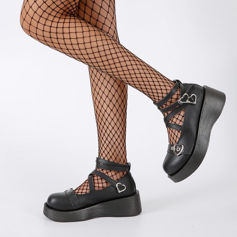 

Heart Buckle Platform Mary Janes, Black