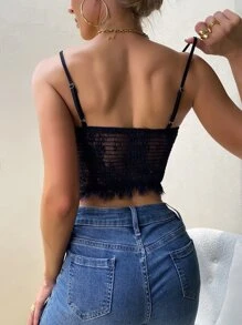 Top de tirantes corto fruncido trasero con encaje - Negro - Ver 2