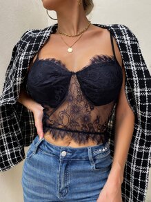 Top de tirantes corto fruncido trasero con encaje - Negro - Ver 6