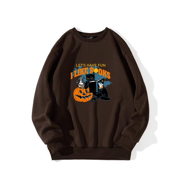 

Halloween & Slogan Print Round Neck Thermal Lined Hoodie, Chocolate brown