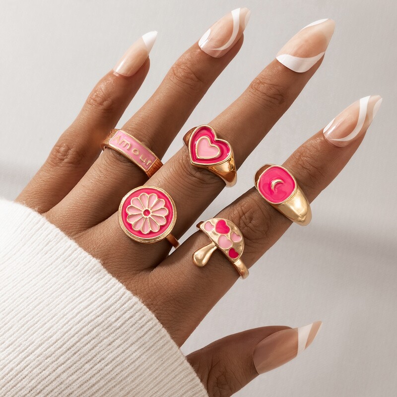 

5pcs Heart Decor Ring, Multicolor