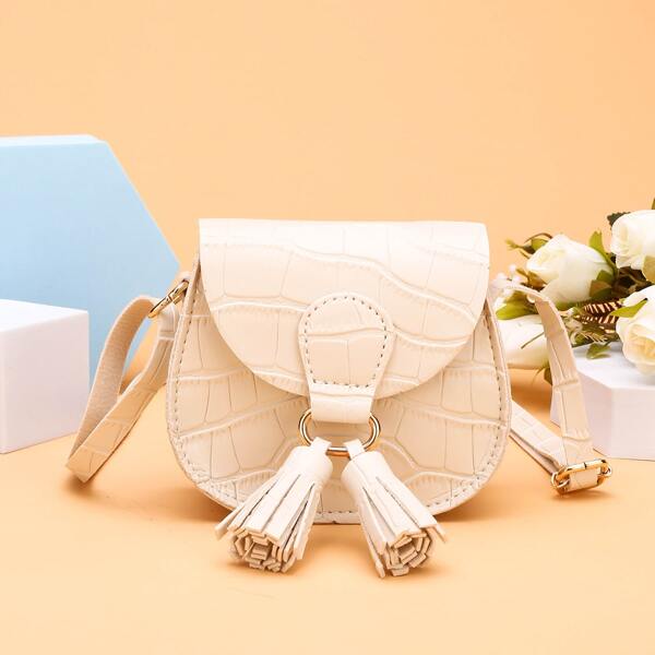 

Girls Croc Embossed Tassel Decor Crossbody Bag, Beige