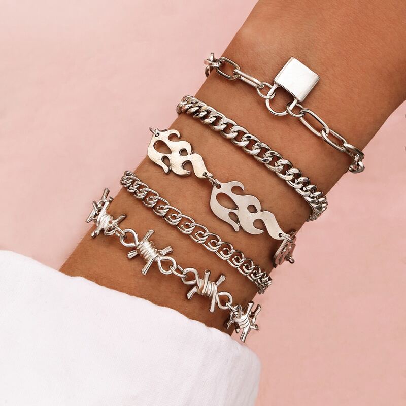 

5pcs Lock Decor Chain Bracelet, Silver