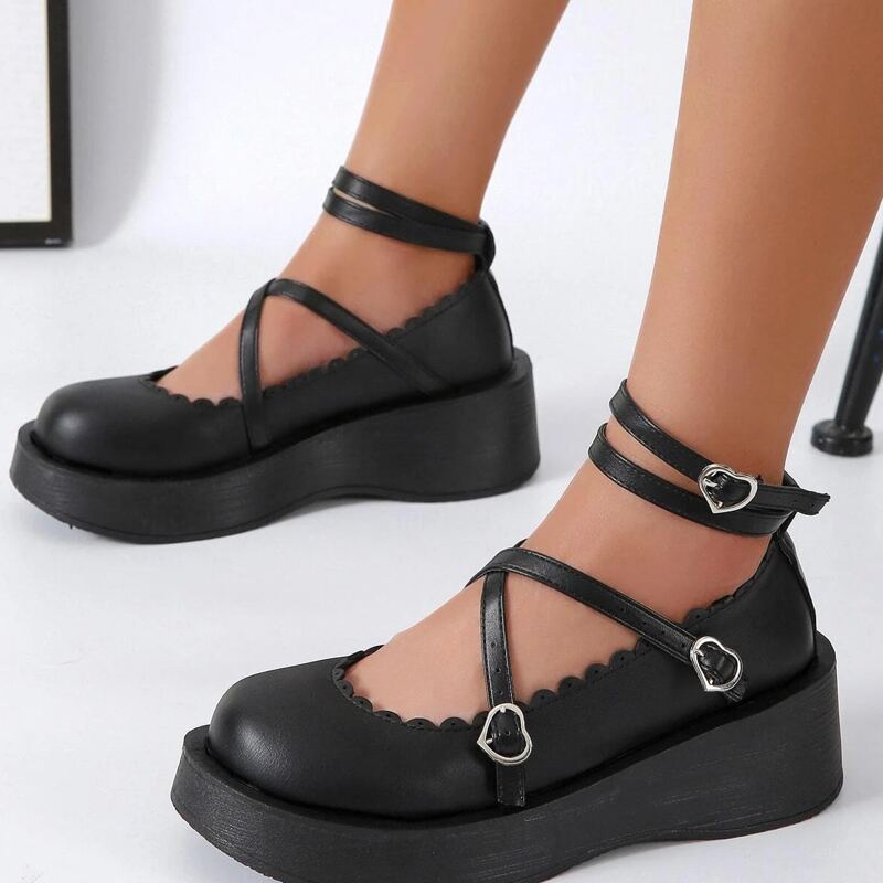 

Heart Buckle Platform Mary Janes, Black