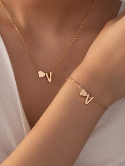 1pc Heart Pendant Necklace & 1pc Bracelet