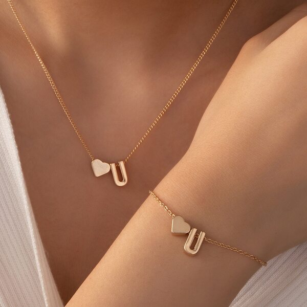 

1pc Heart Pendant Necklace & 1pc Bracelet, Gold