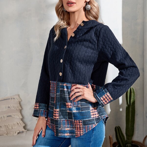 

Patchwork Print Half Button Hoodie, Multicolor