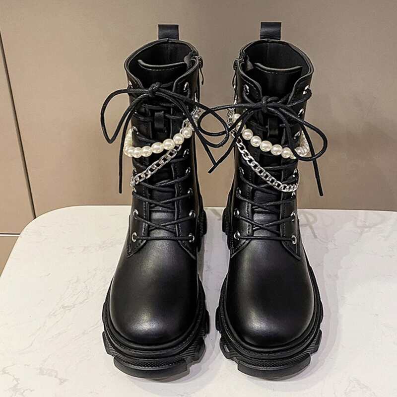 

Faux Pearl Decor Combat Boots, Black