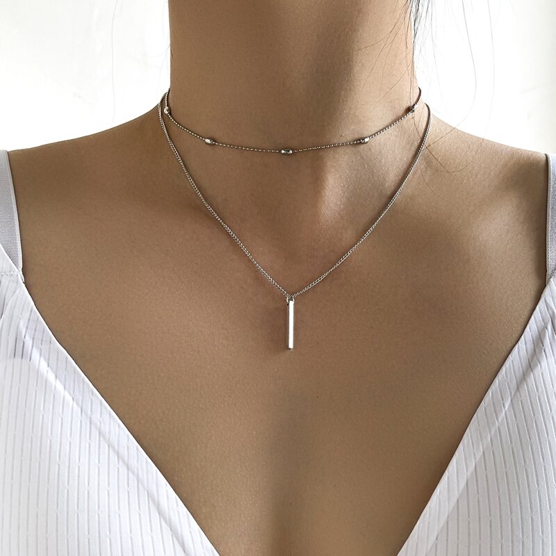 

2pcs Geo Pendant Chain Necklace, Silver