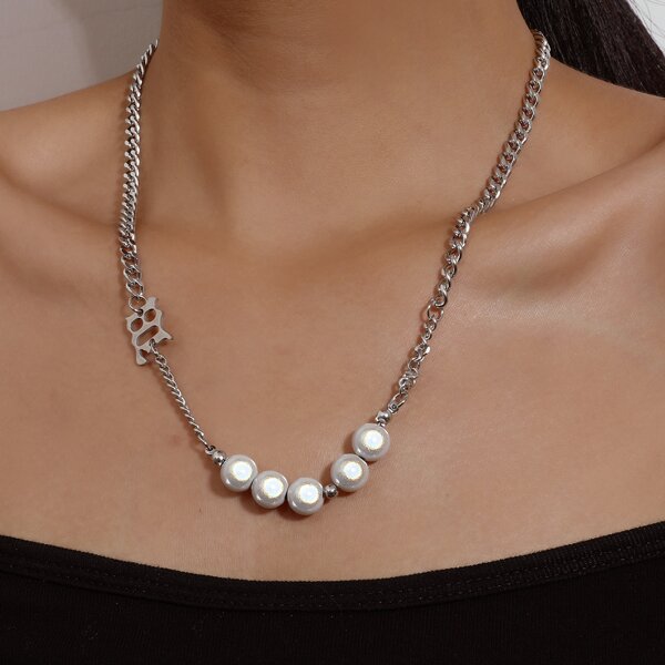 Faux Pearl Decor Necklace, Silver