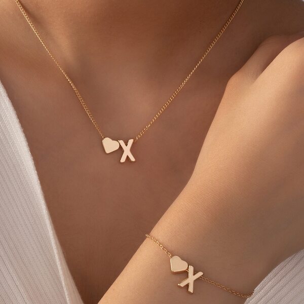 

Letter & Heart Decor Necklace & Bracelet, Gold
