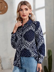 圍巾圖案前排扣襯衫 - 藍白色 - 查看 5