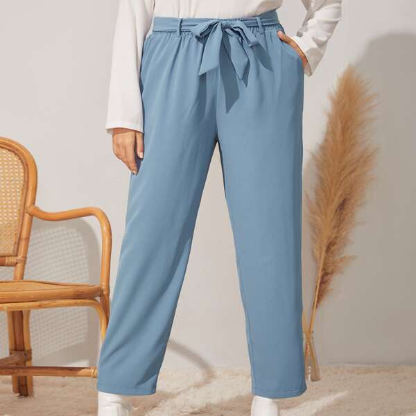 

Plus Belted Elastic Waist Pants, Baby blue